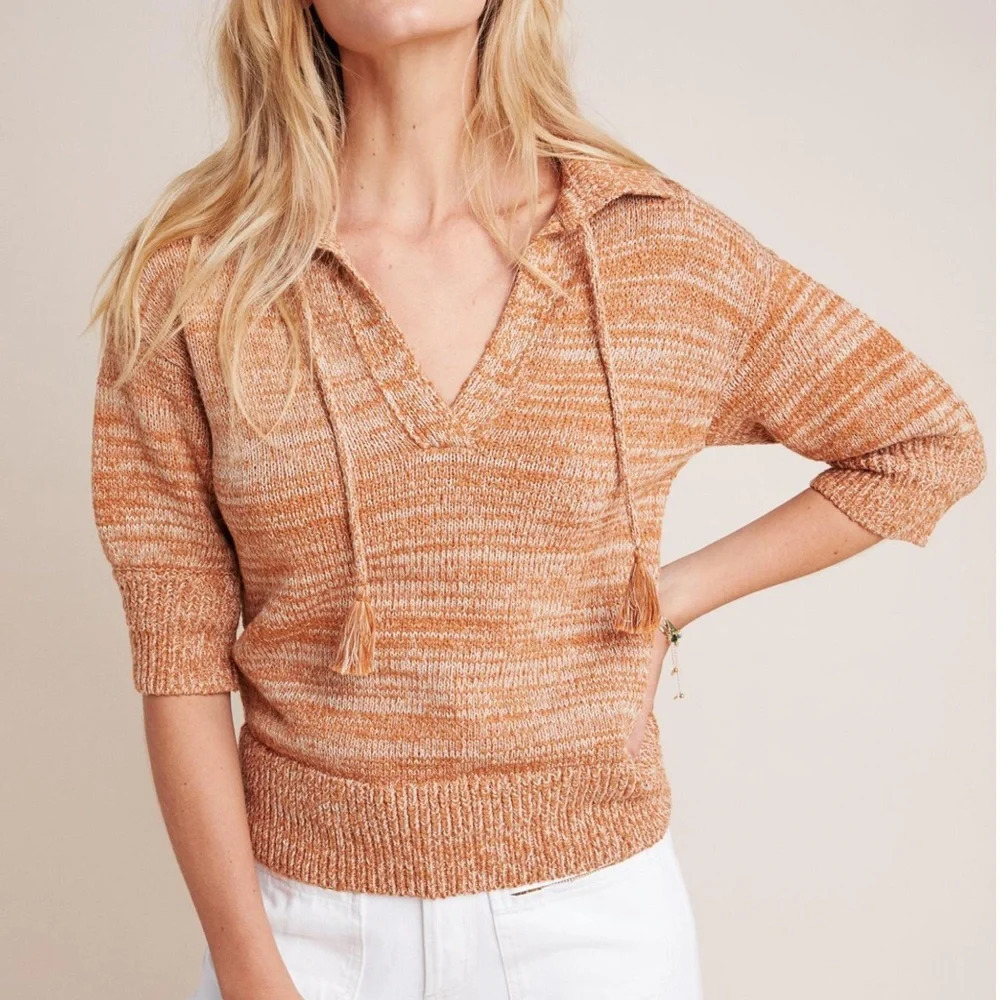 Anthropologie Carlotta Knit Sweater Pullover Rust Cream  Size M Boho Cottagecore